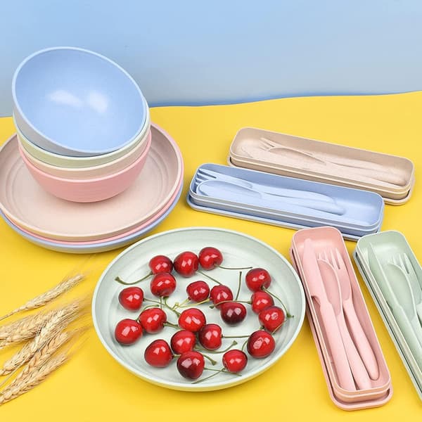 4 Bärbara Set i plast Återanvändbar skedgaffel för utomhusbestick, Beige Grön Rosa Blå
