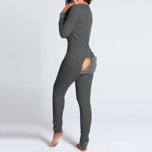 Lingerie Jumpsuit med Bakficka för Kvinnor Onesie Pyjamas Bakåtknappad Bodycon Nattkläder Vuxna Onesies Combinaison Pyjama Femme Grey Grey M