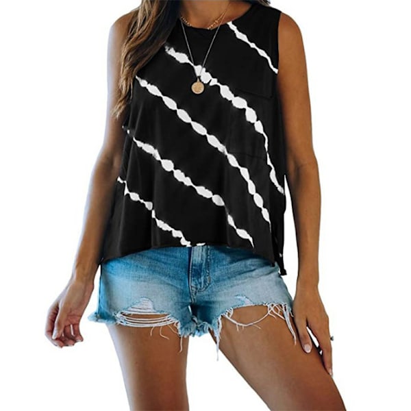 Randig printed ärmlös väst för kvinnor Lös T-shirt Topp Balck,S