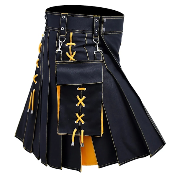 Herr Kilt Utility Scottish Traditional Highland Solid Plisserade Spänne Kostym Kilts med Lastfickor Gul Yellow Yellow L