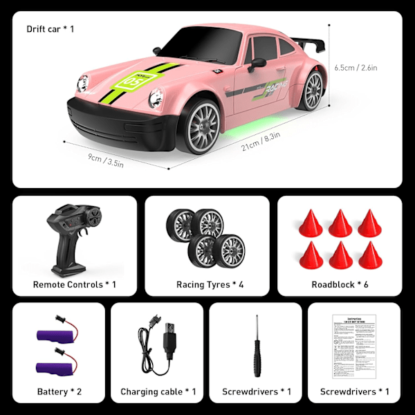 RC Driftbil 2.4GHz 1:20 Skala 4WD 20KM/H Hög Hastighet Fjärrstyrd Bil med LED-lampor Driftdäck 2 st Laddningsbara Batterier Leksaksbil Pink
