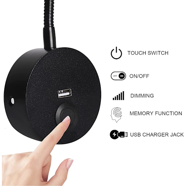 Dimbar sänglampa, minimalistisk LED-sängläslampa, huvudgavel väggmonterad med USB-laddare (matt svart)