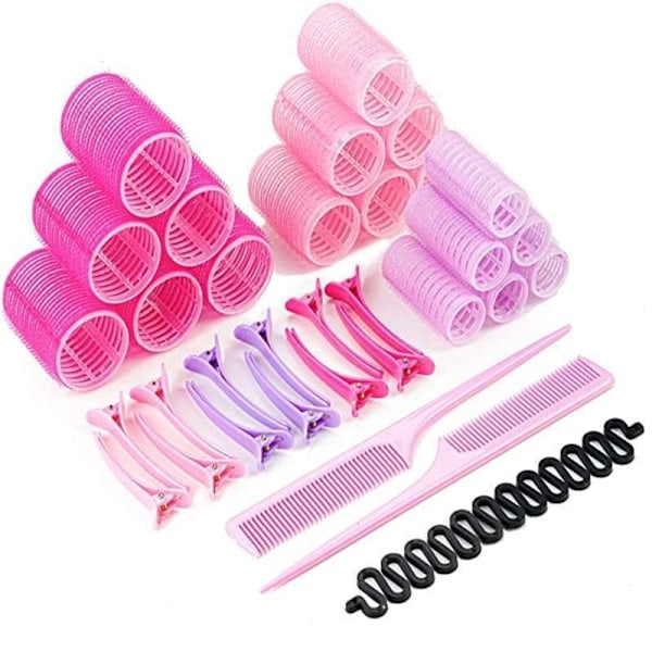 25-Pack Hårrullar, Clips, Kam med Delare, Hårrullare Papiljotter Pink Rosa