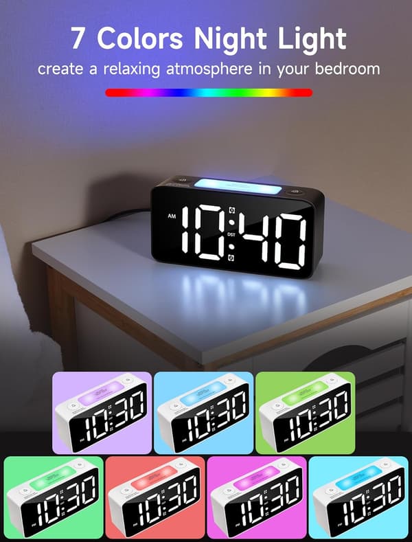 Superhög väckarklocka för tunga sovare, digital klocka med 7-färgs nattljus, justerbar volym, dimmer, USB-laddare, små klockor för sovrum