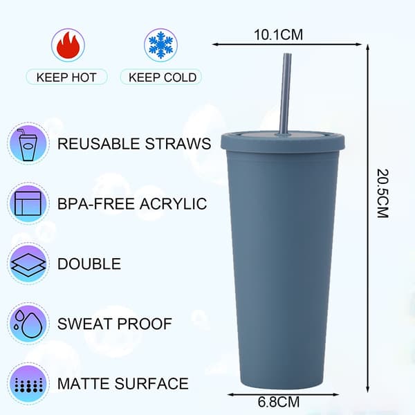 700 ml genanvendelig plastik kop, ensfarvet med låg og sugerør ink blue