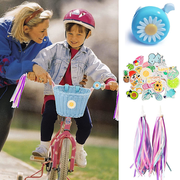 Barn Cykelkorg Fram Vävd Wicker Cykelkorg Med Styre Streamers , ; Blue