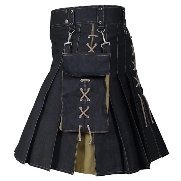 Herr Kilt Utility Scottish Traditional Highland Solid Plisserade Spänne Kostym Kilts med lastfickor Khaki Khaki L