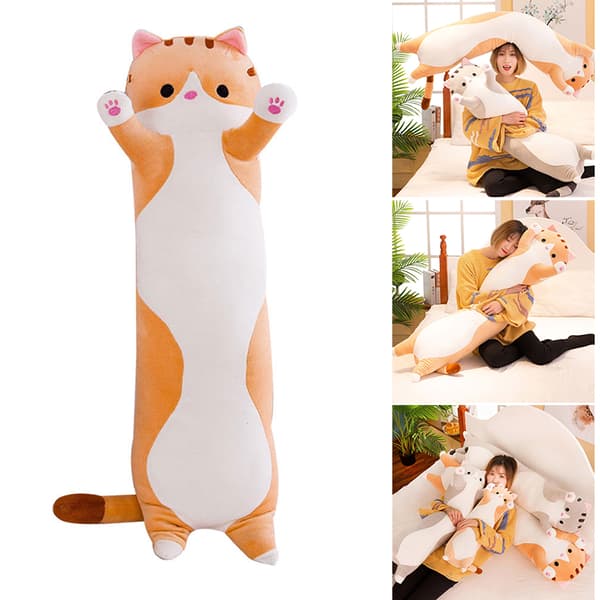 Blød sovende kat figur pude udstoppet dyr dukke lang cylindrisk plys legetøj til børn voksne 50/70/90 cm lang Brun Brown 90cm