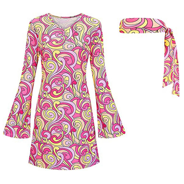 60-/70-/80-årene Hippiekostymesett for kvinner Retro Cosplay-fest Peace Sign Dress Pannebånd Takk!! Pink XL