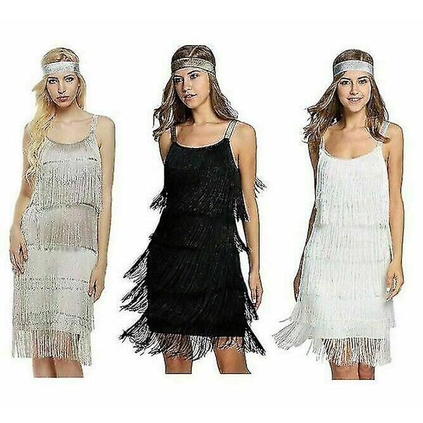 Fantastisk Gatsby Flapper Klänning 1920-talsfest Vintage Tofs Damfransar Grey XL