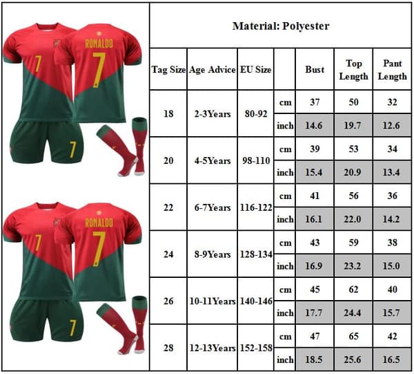 Barnfotbollströja Set, nr 7 Ronaldo fotbollsträningsuniform Size 20