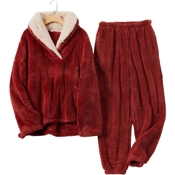 HAUFR Dame Fluffy Pyjamas Sæt Pullover Bukser Vinter Varm Casual Fuzzy Plys Loungewear Nattøj - Perfekt Red Large