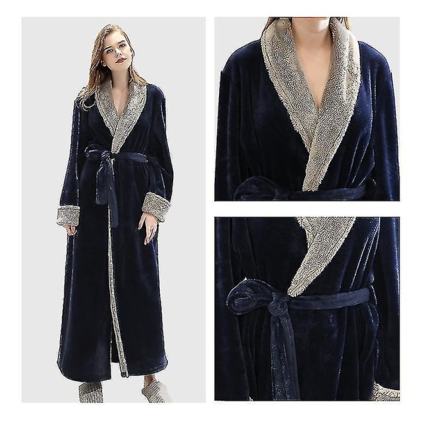 Dame morgenkåbe Badekåbe Varm fleece Lang orgone morgenkåbe Natkjole Dark Blue M