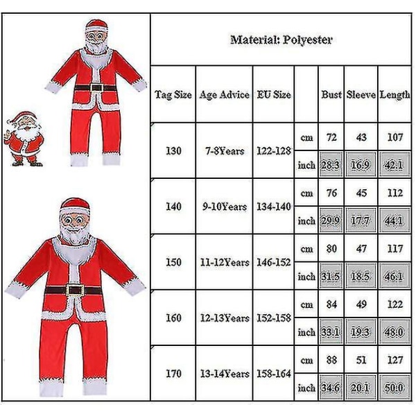 Halloween Santa Claus Cosplay Jumpsuit Bodysuit Maskesæt 11-12 Years