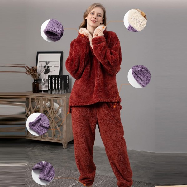 HAUFR naisten pörröiset pyjamasetti neulehousut talvella lämmin rento sumea pehmo loungevaatteet yöpuvut - täydelliset Red Medium