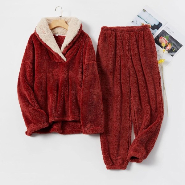 HAUFR naisten pörröiset pyjamasetti neulehousut talvella lämmin rento sumea pehmo loungevaatteet yöpuvut - täydelliset Red Small
