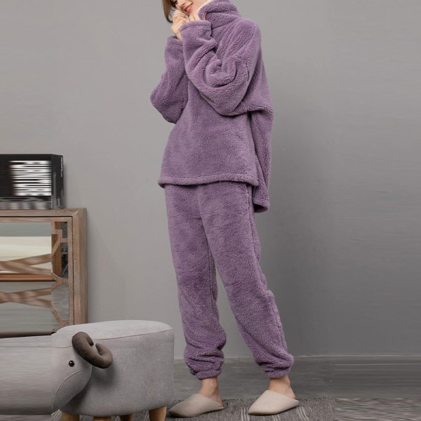 HAUFR Dam Fluffy Pyjamas Set Pullover Byxor Vinter Varm Casual Fuzzy Plush Loungewear Sovkläder - Perfet Purple Large