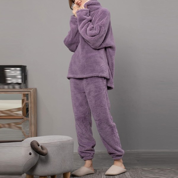 HAUFR Dame Fluffy Pyjamas Sæt Pullover Bukser Vinter Varm Casual Fuzzy Plys Loungewear Nattøj - Perfekt Purple Large