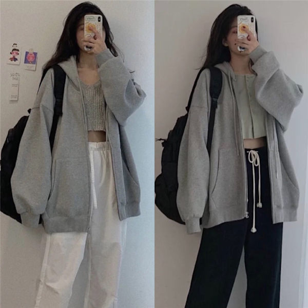 Naisten huppari edessä avoin vetoketjullinen hupullinen takki tytölle löysä rento grey XL