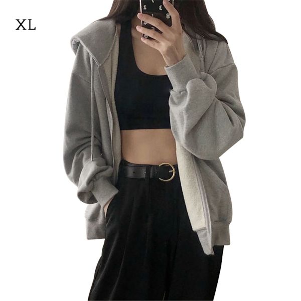 Naisten huppari edessä avoin vetoketjullinen hupullinen takki tytölle löysä rento grey XL