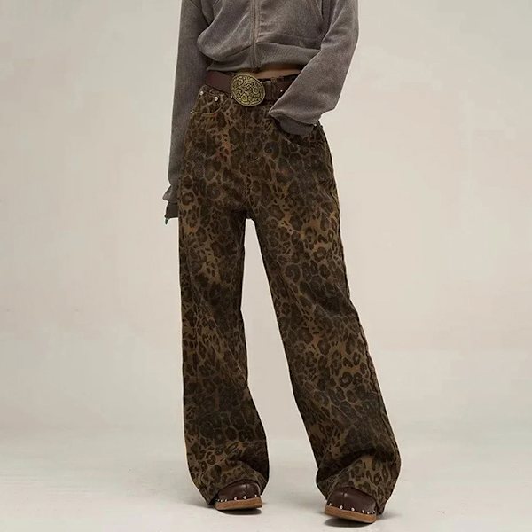 Tan Leopard Jeans Dame denimbukser Bukser med brede ben leopardprint leopard print 2XL