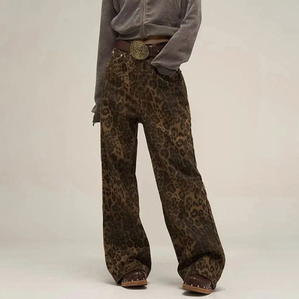 Tan Leopard Jeans Dame denimbukser Bukser med brede ben leopardprint leopard print S