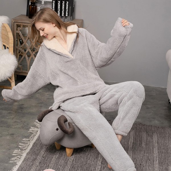 HAUFR Dam Fluffy Pyjamas Set Pullover Byxor Vinter Varm Casual Fuzzy Plush Loungewear Sovkläder - Perfet Grey Medium