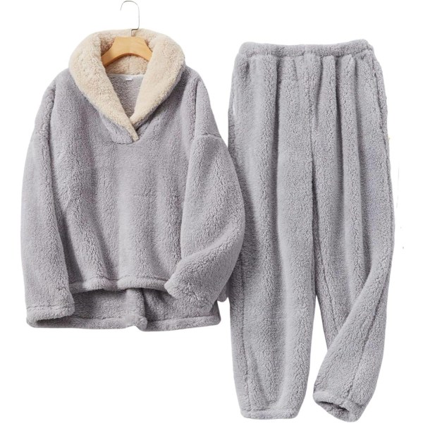 HAUFR Dame Fluffy Pyjamas Sæt Pullover Bukser Vinter Varm Casual Fuzzy Plys Loungewear Nattøj - Perfekt Grey X-Large