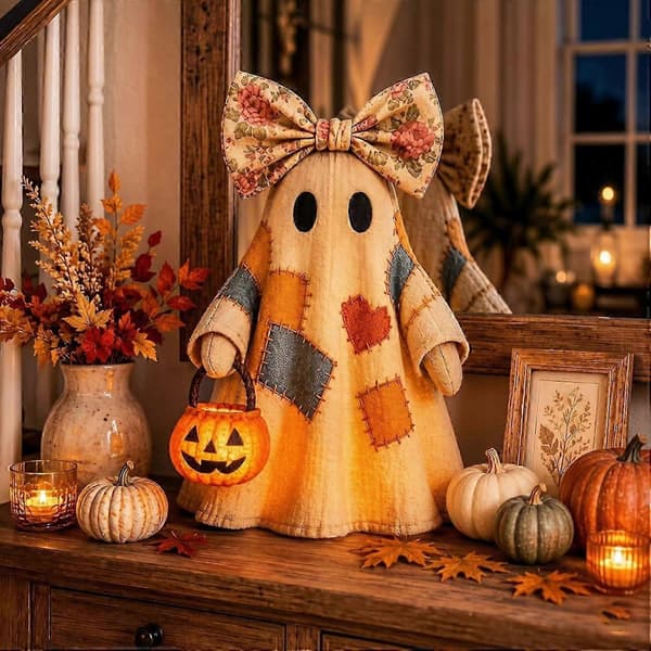 Upplyst spökprydnad i retro-patchwork-stil (med pumpalykta) – Halloween-dekorationsbelysning 10CM