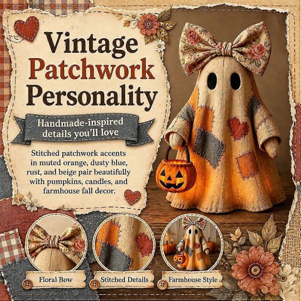 Upplyst spökprydnad i retro-patchwork-stil (med pumpalykta) – Halloween-dekorationsbelysning 10CM