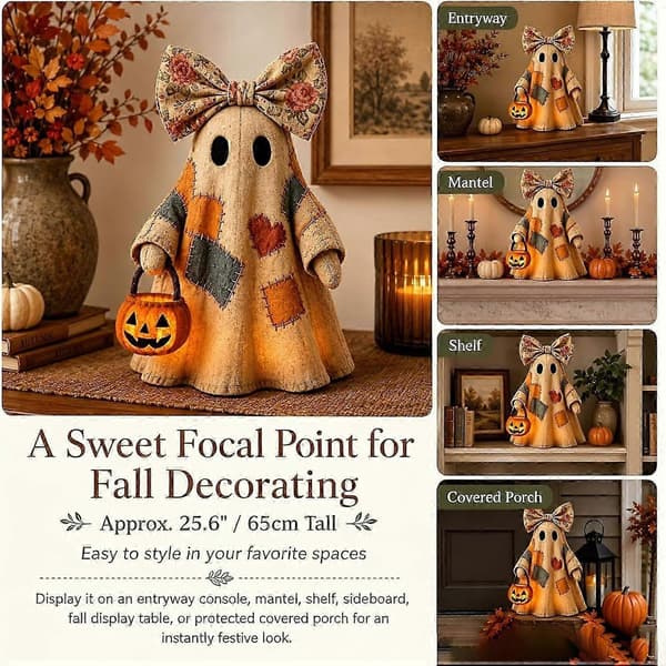 Upplyst spökprydnad i retro-patchwork-stil (med pumpalykta) – Halloween-dekorationsbelysning 10CM