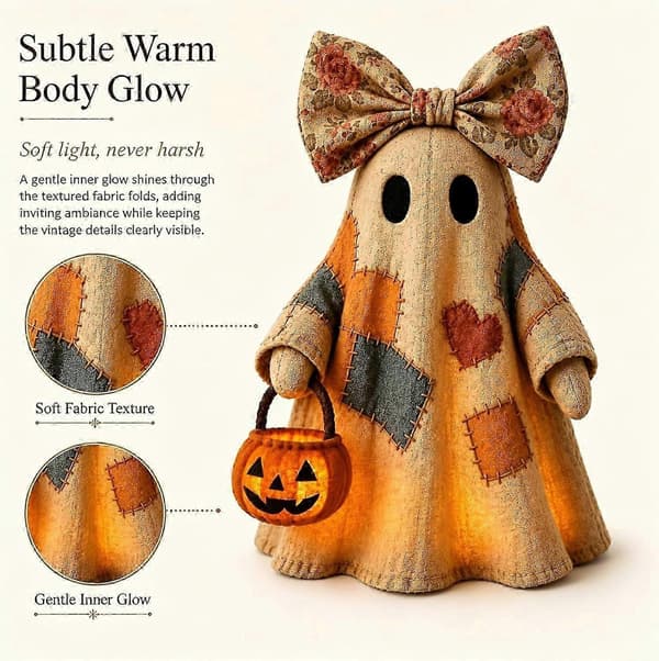 Upplyst spökprydnad i retro-patchwork-stil (med pumpalykta) – Halloween-dekorationsbelysning 25.5CM