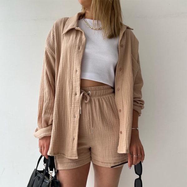 Skrynklig krage för kvinnor, långärmad skjorta, shorts med dragsko med hög midja, moderiktigt casual set i två delar khaki XL