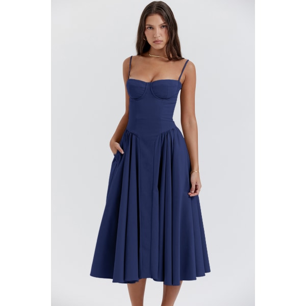Ny fransk vintage lång klänning Palace Style Strap Dress Girl dark blue L