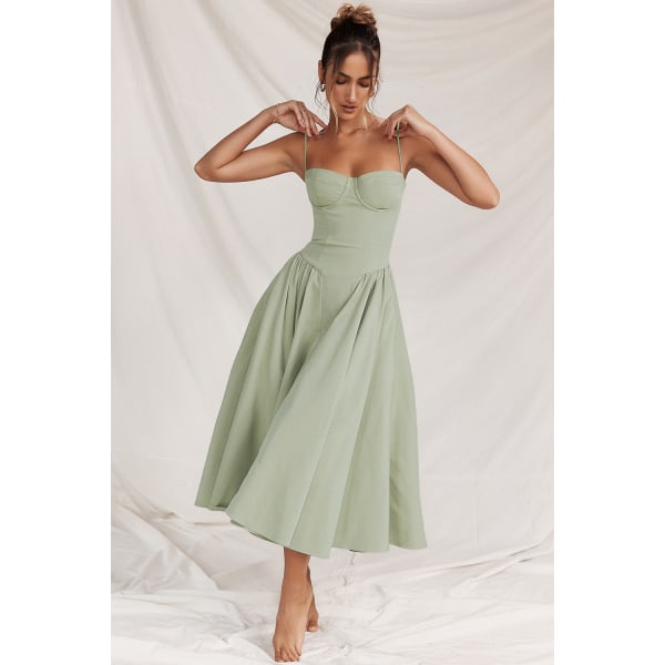 Ny fransk vintage lång klänning Palace Style Strap Dress Girl green L
