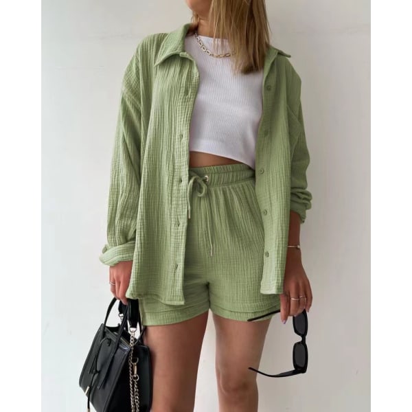 Skrynklig krage för kvinnor, långärmad skjorta, shorts med dragsko med hög midja, moderiktigt casual set i två delar light green XL