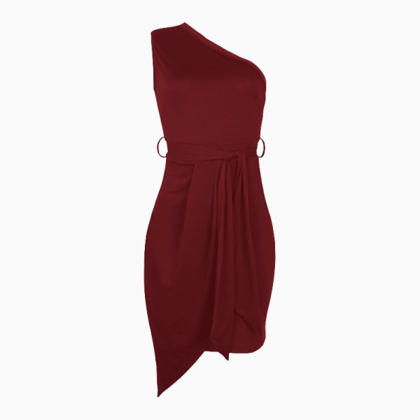 Solid Sleeveless Oblique Shoulder Oregelbundet Strap Party Dress röd L