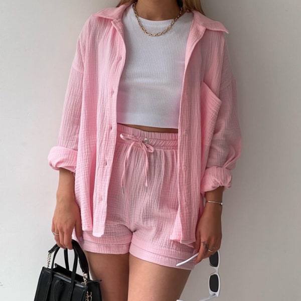 Skrynklig krage för kvinnor, långärmad skjorta, shorts med dragsko med hög midja, moderiktigt casual set i två delar pink L