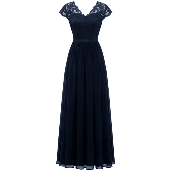 Dress with lace stitching, long waistband, noble dress, dress dark blue L