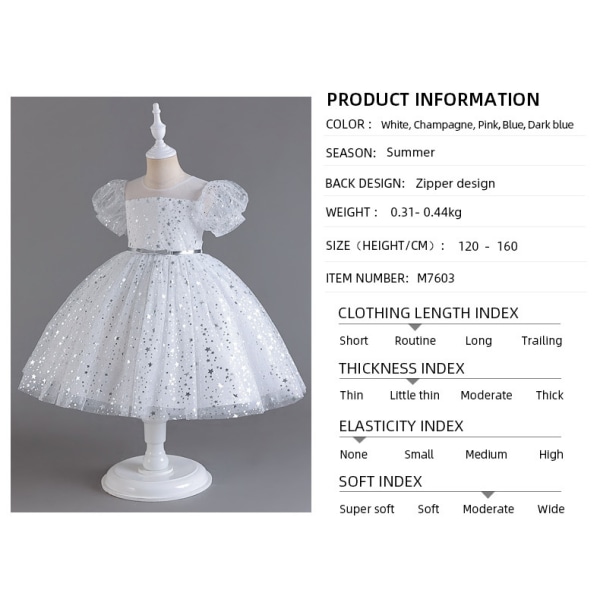 Bröllopsklänning för barn Scenkostym Paljetter Prinsessklänning Kortärmad flickklänning white 150