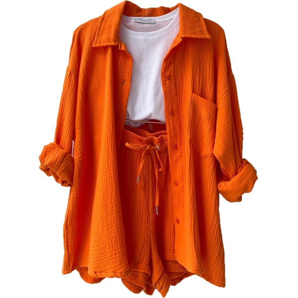 Skrynklig krage för kvinnor, långärmad skjorta, shorts med dragsko med hög midja, moderiktigt casual set i två delar orange XL