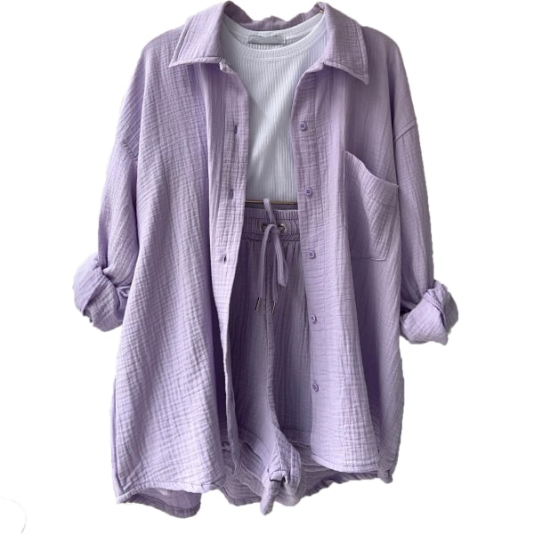 Skrynklig krage för kvinnor, långärmad skjorta, shorts med dragsko med hög midja, moderiktigt casual set i två delar purple L
