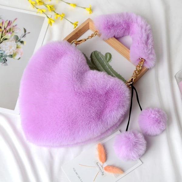 Fuskpälsväska Furry Clutch Hjärtformad handväska Fluffig kvällsväska Crossbody-väska Top-handtag Väska för kvinnor tjej purple