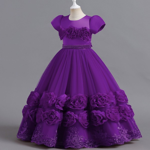 Barnklänning Prinsessklänning Fashionabla lång puffig klänning Födelsedagsshow för flickor Piano Performance Klänning lila 160