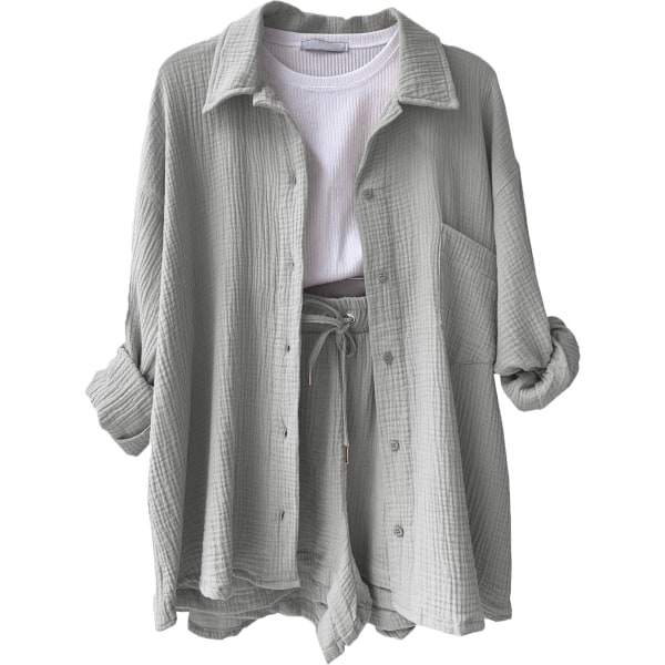 Skrynklig krage för kvinnor, långärmad skjorta, shorts med dragsko med hög midja, moderiktigt casual set i två delar grey M