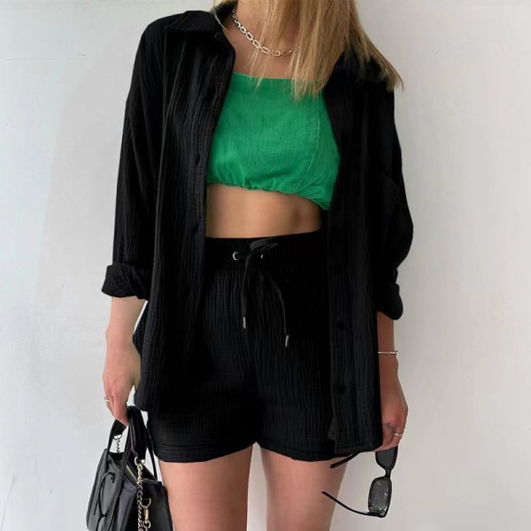 Skrynklig krage för kvinnor, långärmad skjorta, shorts med dragsko med hög midja, moderiktigt casual set i två delar black S