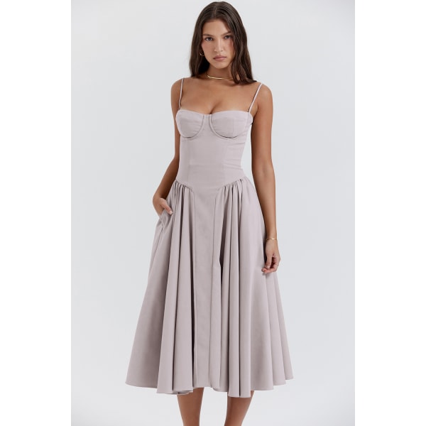 Ny fransk vintage lång klänning palats stil rem klänning flicka light grey M