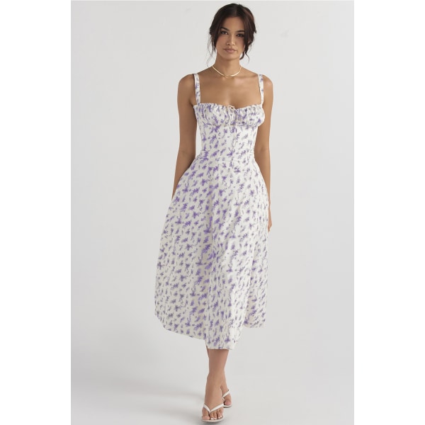 Temperament Ärmlös Mode High end Strap Dress purple leaves white dress S