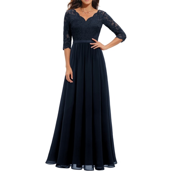 Dress with lace stitching, long waistband, noble dress, dress dark blue M