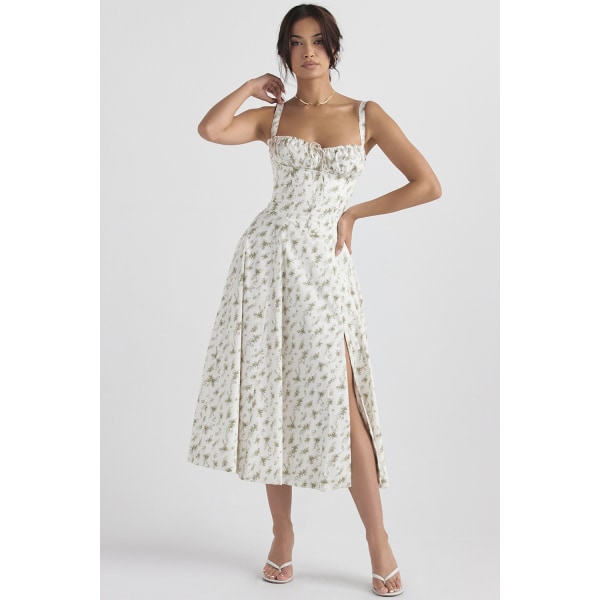 Modeklänning i sommarpendlarstil för flickor Green leaves white dress XL